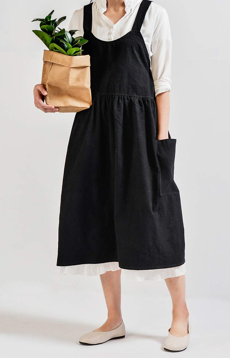 NEWGEM Cotton Linen Cross Back Apron for Women with Pockets for Cooking Baking Black without Waist Ties - Image 2